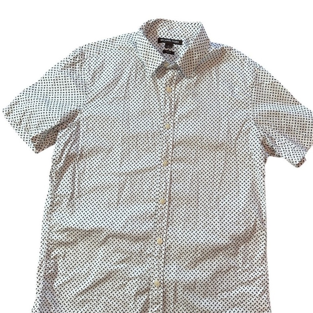Michael Kors Logo Monogram Shirt Mens Large White Black Slim Fit Excellent